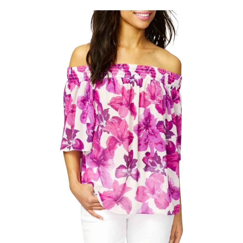 NWT Rachel Roy Womens Floral Chiffon Knit Off Shoulder Blouse, Purple, Large